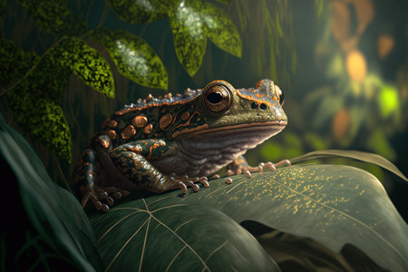 Close up of a Javan tree frog on some green foliageの素材