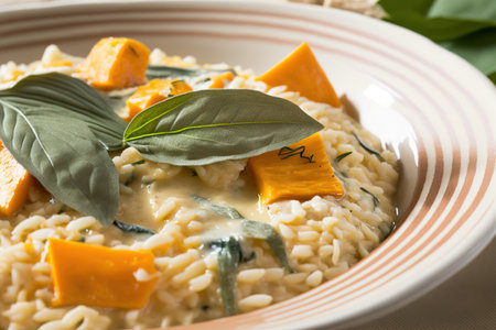 Close up of pumpkin and taleggio cheese risotto with sage leaf garnish. Banner sizeの素材