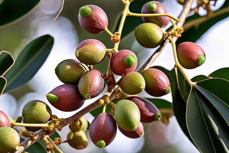 Close up of bush branches bearing the ripe, elongated, burgundy green fruits of the potted Australian finger lime. growing citrus trees indoorsの素材