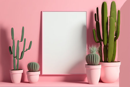 Close up bright modern pink room interior background with white blank portrait poster space leaning on pink wall background by cactus plant. . 3d illustrationの素材