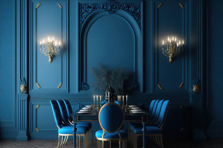 Classic wall light, blue carpet, luxury dining table set, and blue molding wall in mockup dining roomの素材
