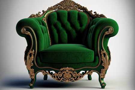 Classic green velvet armchair with carved detailing, isolated on white. Electronic illustrationの素材
