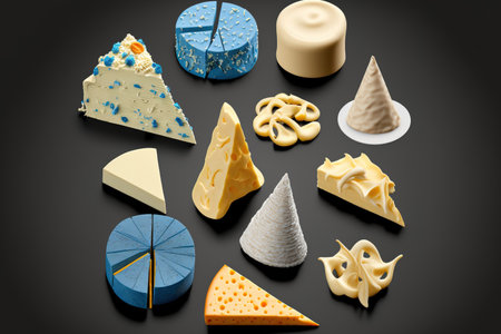 Classic cream cheese in various shapes broken into small bits and isolated on a gray backdrop. food, wonderful cheese, and design components. Cheese assortmentの素材