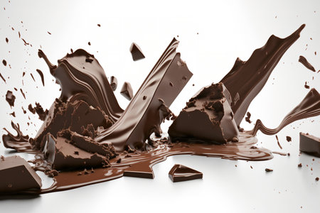 Close up shots of dark chocolate pieces dropping on a white backgroundの素材