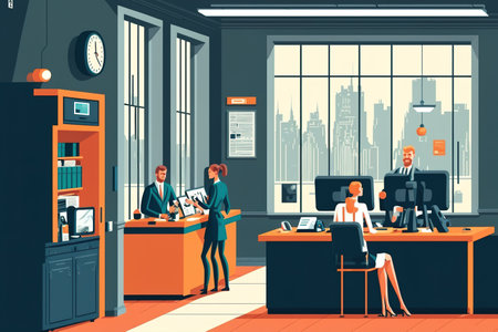 Clients and employees in the bank office. Business department, finance services illustration. Interior background of a financial office with indoor counters, ATMs, and chairsの素材