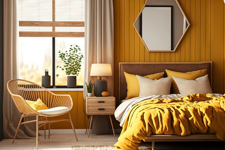 Close up of a warm wooden bedroom with rattan furniture in yellow tones, a double bed with pillows and a duvet, a mirror, and a seat beside a window. idea template for contemporary interior designの素材