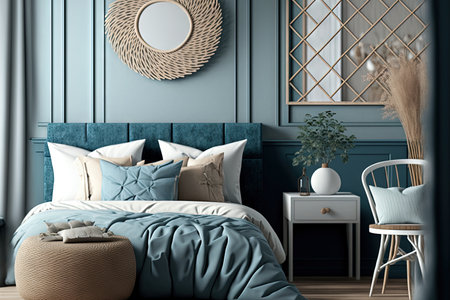 Close up of a mock up of a modern Scandinavian timber bedroom with blue toned rattan furniture, a double bed with a comforter and pillows, a mirror, and decorations. idea for an interior design concepの素材
