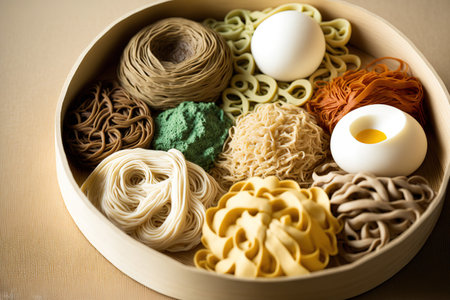 Close up of eight different varieties of nest shaped noodles, including ramen, soba, rice noodles, eggs, green noodles, and wide noodlesの素材