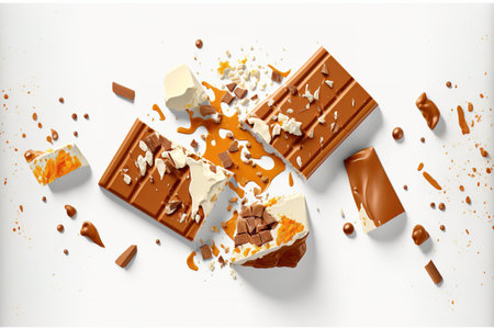 Close up of a broken and full chocolate bar with nougat and caramel against a white background. a top viewの素材