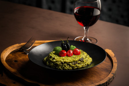 Close up of a black platter of cherry tomatoes, basil, and pesto risotto. restaurant serving risotto with a glass of wine on a wooden tableの素材