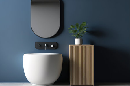 Close up of a modern cabinet with a black faucet, a white sink, and an oval mirror hanging on a dark blue wall in a small, minimalist bathroomの素材