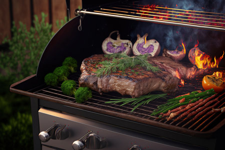 Close up of a barbecue grill in a garden with meat steaksの素材