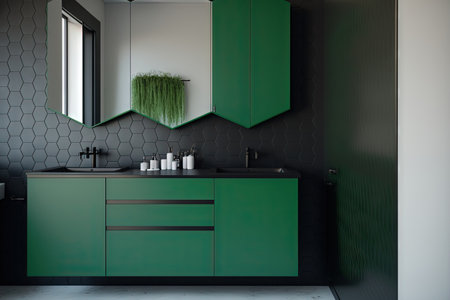 Close up of a black wall, green cabinet, and black faucet in a minimalist bathroom. The sink has square mirrors. an angleの素材