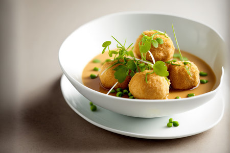 Close up of a bowl of delectable fried tofu balls with pea sprouts and sauce on a table with white tiles. Room for textの素材