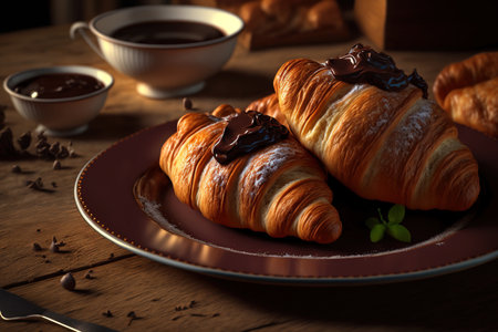 Close up of a plate of warm croissants with chocolate filling on a wooden table inside. French dessertの素材