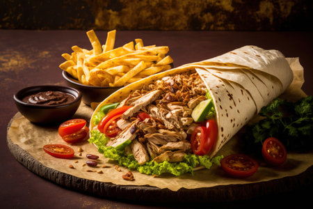 Close up of a shawarma with chicken, fries, and vegetables on a tan background. copy space, side view. swift mealの素材