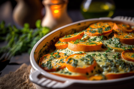 Close up of a gratin of roasted sweet potatoes and parsley in a porcelain dish. Healthy vegan recipe ideaの素材