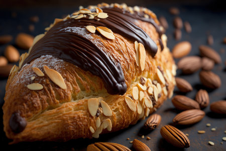 Close up of a delicious freshly baked croissant with sliced almonds and chocolate fillingの素材