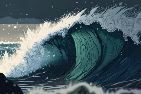 Close up of a sea wave in the rain with a water background in the foregroundの素材