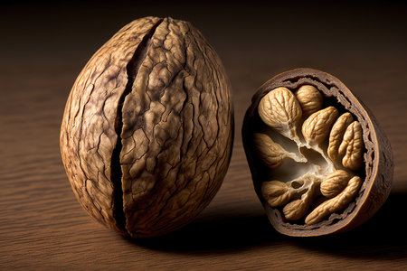 Close up of a walnut and a cracked walnutの素材