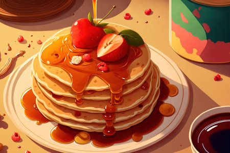 Close up of pancakes with fruit and maple syrupの素材