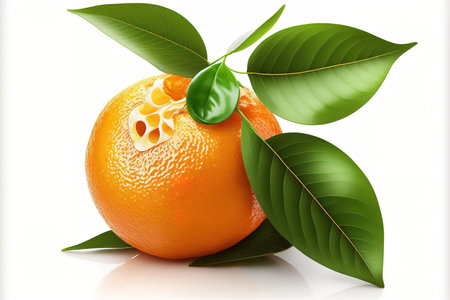 Close up of a ripe mandarin with leaves over a white background. On a white background, there are leaves in tangerine orangeの素材