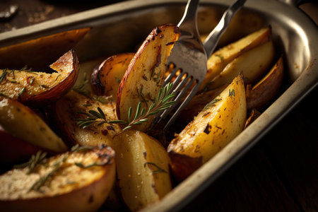 Close up of two forks and oven roasted potato wedges with thyme in a baking dishの素材