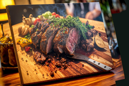 Close up of Gourmet Barbecue at the Table on a Wooden Chopping Boardの素材