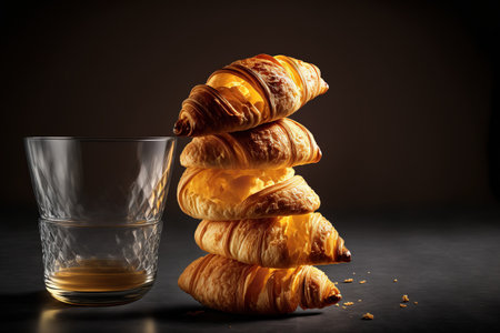 Close up of a stack of delectable croissants against a shadowy background. artisan croissants collapsing sugar glass Verticalの素材