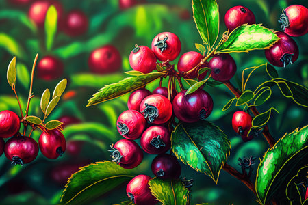 Close up of a bush with ripe cranberries. Genuine farm seriesの素材