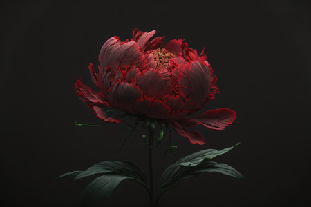 Close up of a red peony bloom on a hazy, black backdrop. Low key decoration an image of a flowering peony. a single luscious peony head with a mystery red bloom in the frontの素材