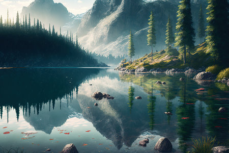 Clear lake with mountains around the scene, trees reflected in the water on the coastの素材