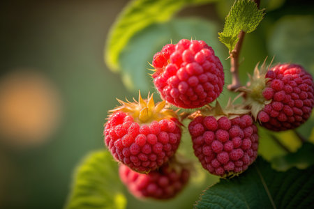Close up of red raspberries in a garden. Ripped raspberries on a small branch in a garden. On a raspberry bush in a fruit garden, red, tasty berries are growingの素材