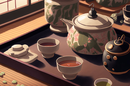 Close up of a tea ceremony with many handmade onigiris. Authentic Japanese cuisine served with a kettle and mugsの素材