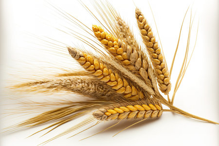 Close up of golden wheat ears against a white background. Concept of a rich harvest. Label design artの素材