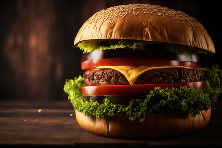 Close up of a homemade hamburger on a wooden table with beef, tomato, lettuce, cheese, and onion. Fast food with a text area on a dark backgroundの素材