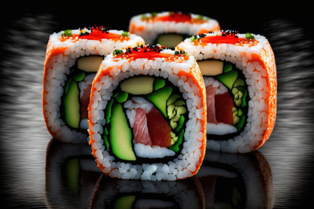 Close up of uramaki sushi rolls on a black background with red caviar, salmon, tuna, cucumber, and avocado. Sushi rolls and delicious traditional Japanese cuisineの素材
