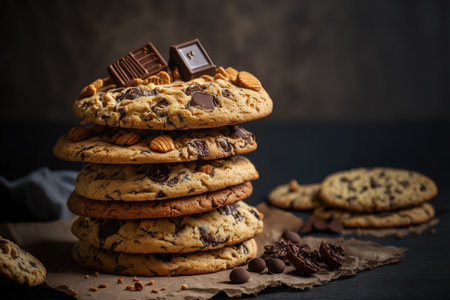 Close up of a stack of chocolate chip cookies on a gray table. scrumptious breakfast Traditional chocolate chunk chip cookies are stackedの素材