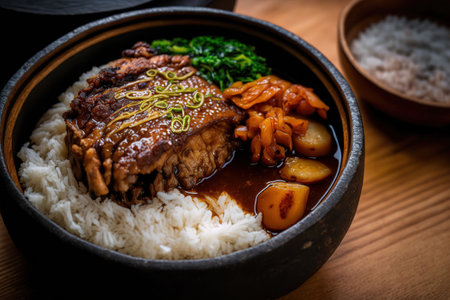 Close up of braised pork served with boiled rice in Taiwan. popular traditional street snack treat from Taiwanの素材