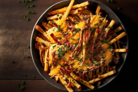 Close up of a platter of freshly made French fries baked with cheddar cheese, bacon, and parsley. above, horizontal top viewの素材