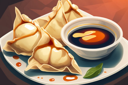 Close up of crab rangoon with sauceの素材