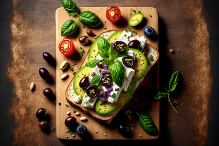 Close up of an open sandwich on a wooden white table with avocado, feta cheese, kalamata olives, olive oil, and oregano. vegetarian cuisineの素材
