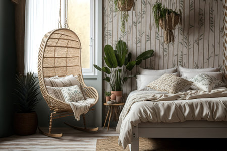 Close up of a rustic, beige and white, wooden bedroom decorated in a bohemian manner. potted plants, a bed, and a hanging chair. Shuttered window with wallpaper. retro bohemian interior decoratingの素材