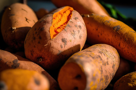 Close up of sweet potatoes in a vegetable, harvest, food, and sale idea imageの素材