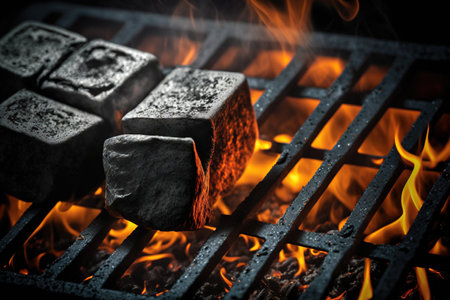 Close up of a barbecue grill with blazingly hot charcoal briquettesの素材