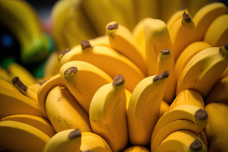 Close up shows rows of yellow, ripe bananas in clusters in a supermarketの素材