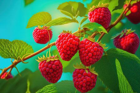 Close up of red raspberries, green leaves, and a background of a blue sky. On a raspberry bush in a fruit garden, red, tasty berries are growingの素材