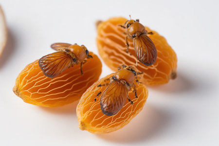 Close up of dried apricot flies over a white backdrop. Isolatedの素材