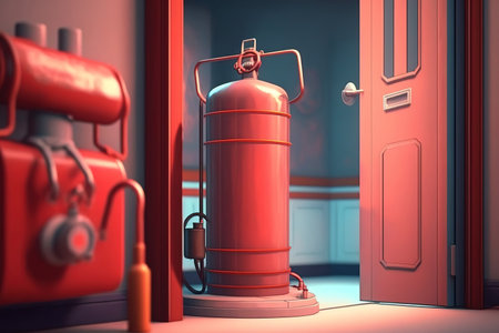 Close up the red fire extinguishers tank at the door exit way in the building concepts of prevent case for emergency and safety rescue and fire trainingの素材