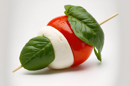 Close up of a tomato, mozzarella, and basil topped fresh caprese skewer set against a white background. Vegetarian and healthy Mediterranean cuisine. in frontの素材